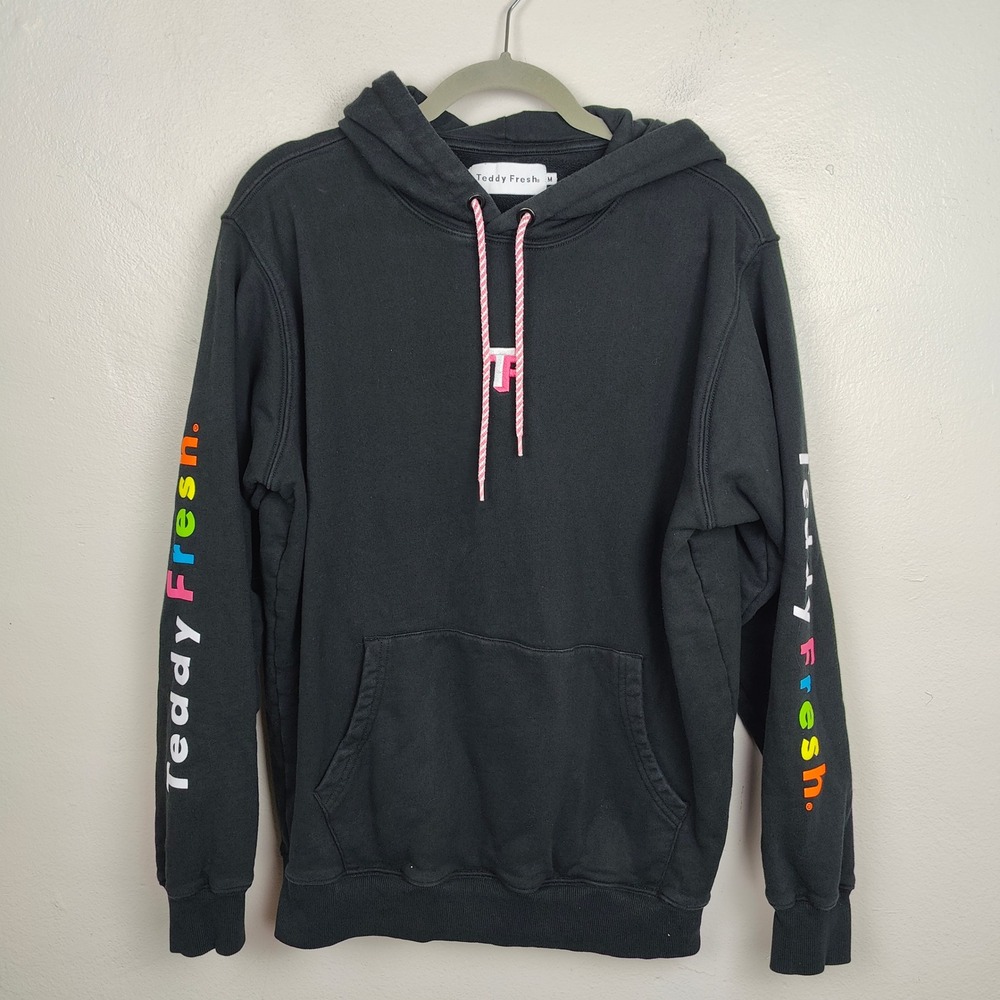 Teddy Fresh Hoodie Mens Medium Black Rainbow Sleeve‎ Logo Pullover Sweatshirt